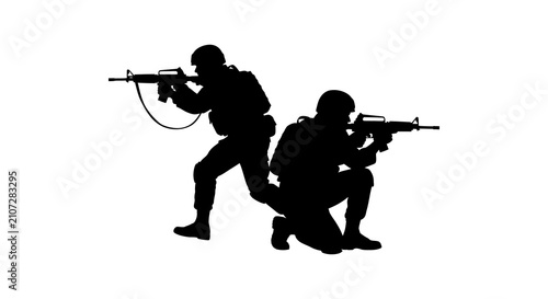 Fotografie Soldiers with rifles silhouette against a white background