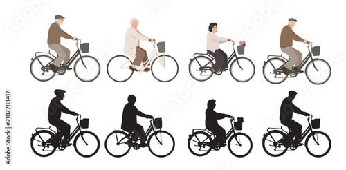 Elderly senior citizens riding bicycles set, old people cycling vector illustration and black silhouettes