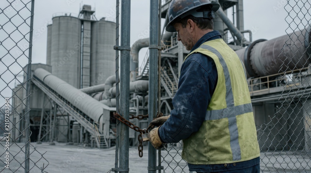 Fototapeta premium industrial worker locking a chain on a cement plant gate with silos, conveyor, piping, and rotary kiln, signaling shutdown and decommissioning