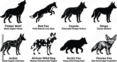 Foto Wild Canines Vector Silhouette Set Featuring Wolf Fox Coyote Dingo Jackal Africa