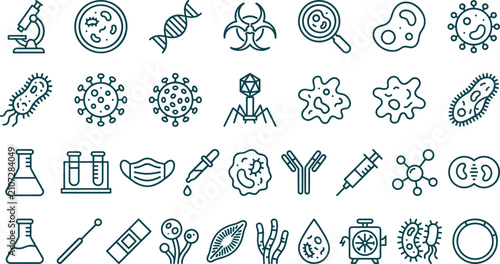 Fotografía Microbiology and Virology Science Line Icon Set Featuring Bacteria Virus DNA Mic