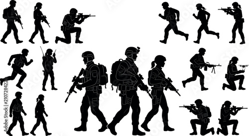 Konstfotografi Military Soldier Silhouette Vector Set with Armed Special Forces Infantry in Run