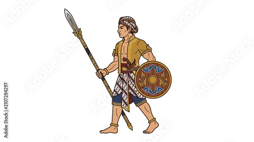 Canvastavla Warrior with Spear and Shield in Traditional Costume