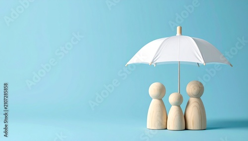 Conceptual image of family protection under a white umbrella on a blue background