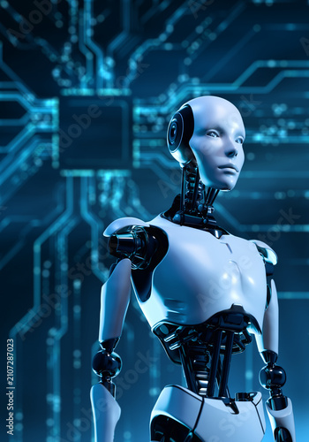 Futuristic Humanoid Robot with AI Technology and Digital Circuit Background