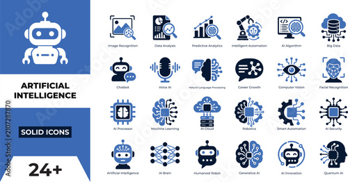 Artificial intelligence solid icon set featuring AI, machine learning, robotics, computer vision, automation, and big data. Minimalist solid vector illustration.