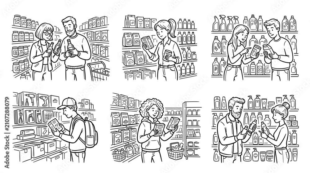 Obraz premium Diverse people shopping for groceries and household items in a store