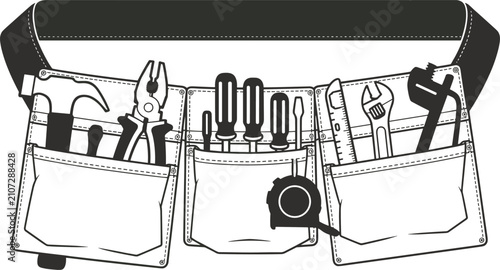 Black and White Illustration of a Tool Belt with Various Tools