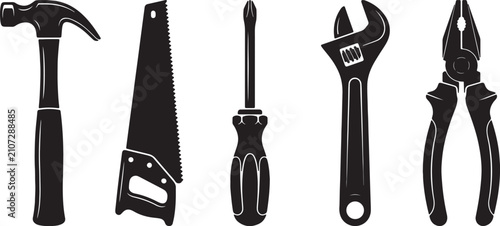 Konstfotografi Black and white of a claw hammer, hand saw, phillips screwdriver, adjustable wre