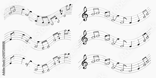Obraz na plátně Musical notes and staffs black and white vector illustration set on a white back