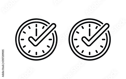 Foto Clock icon featuring a check mark symbol for schedule tracking, punctual service, deadline success, and productivity vector illustration