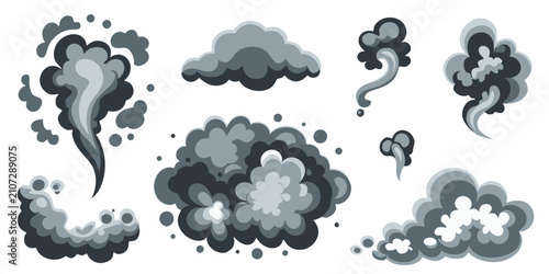 Slika na platnu Cartoon smoke puffs and explosions a vector illustration on a white background