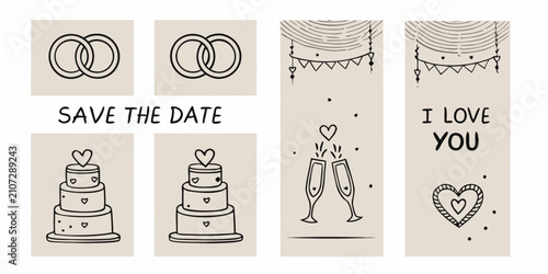 Foto Wedding elements line art illustration with rings cake champagne and heart shape
