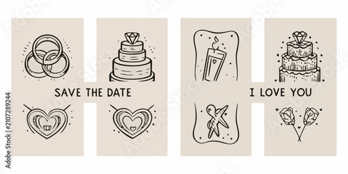 Foto Wedding themed line art illustrations with rings cakes and hearts on a beige bac