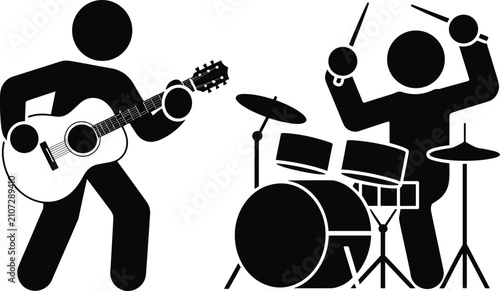 Canvastavla Music Band Pictogram Featuring Acoustic Guitarist and Drummer Vector Icon Set