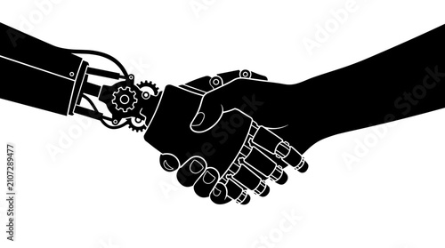 Robotic hand shaking human hand in a partnership concept