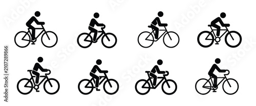 Foto Cyclist Poses Set: A collection of eight minimalist icon-style figures depicting various cycling postures, showcasing different grips and stances on bicycles