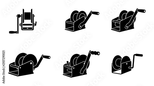 Obraz na płótnie Manual Winch Icons Set, Hand Crank Hoist Equipment, Mechanical Lifting Devices,