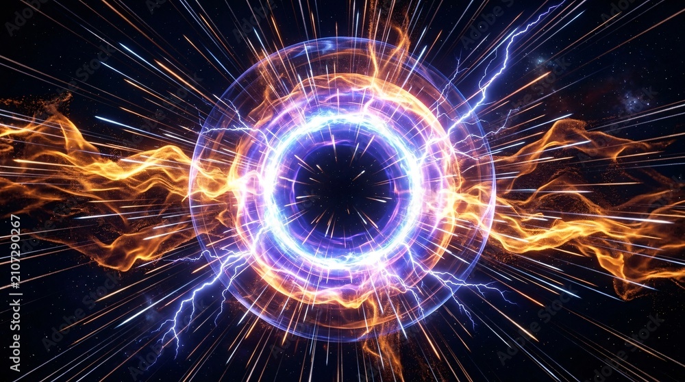 Fototapeta premium Abstract image of powerful blue energy ring and orange electric waves with light rays in dark space background.