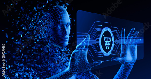 E-commerce, Retail and Artificial Intelligence. Human Digital Avatar or AI agent touch screen