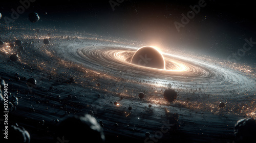 Black hole, fantasy, mysterious. A detailed digital artwork depicts a celestial scene. A large, spherical object, likely a planet or celestial body, is the central subject.