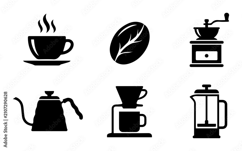 Obraz premium Coffee Icons Set: Hot Drink Cup, Bean, Grinder, Kettle, Pour Over, French Press