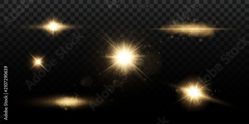 Set Shining star, the sun particles and sparks with a highlight effect, color bokeh lights glitter and sequins. On a dark background transparent.