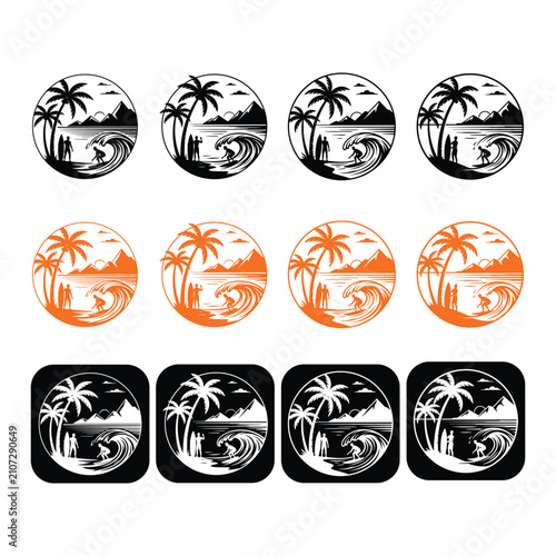 Photography Set of tropical beach surfing icons with palm trees and ocean waves tropical vac