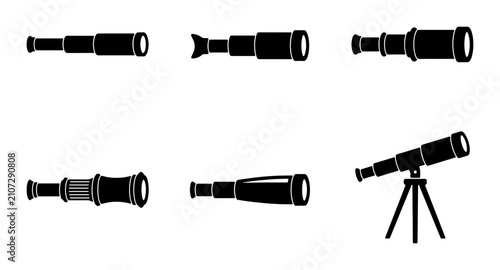 Telescope Icons Set, Vintage Spyglass Collection, Nautical Exploration Tools, Astronomy Magnifiers