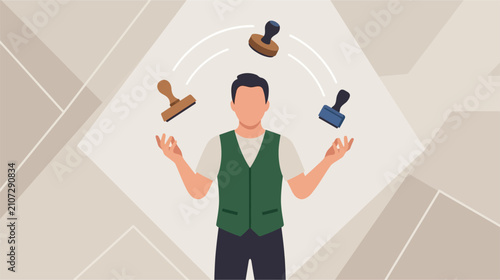 Vector illustration of a vintage-style rubber stamp featuring a person juggling balls, representing activity, skill, and multitasking on a clean white background.