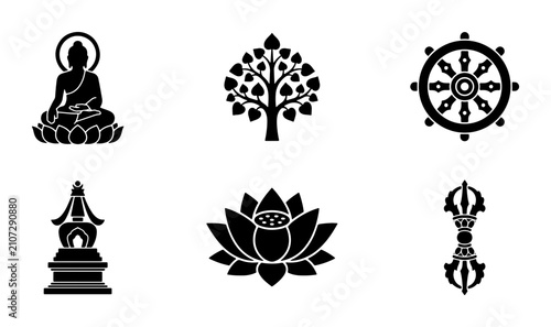 Foto Buddhist Symbols Vector Icons, Dharma Wheel, Lotus Flower, Enlightenment Buddha,