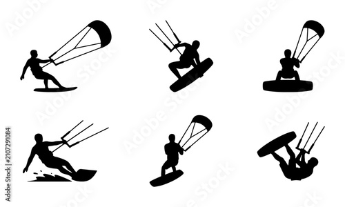 Foto Kitesurfing Silhouettes, Vector Set: Action Poses, Water Sports, Extreme Recreat