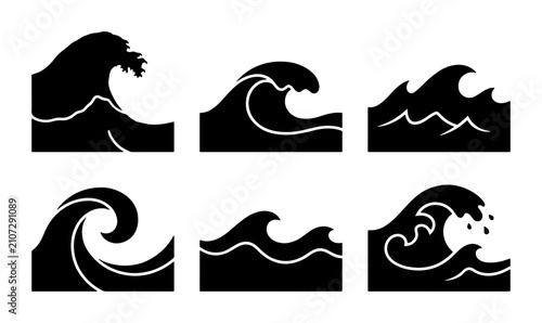 Set of 6 Black Wave Icons, Ocean Water Swells, Sea Splash Graphics, Nautical Design Elements