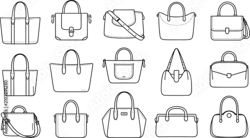 Collection of Handbag Line Art Illustrations purse
