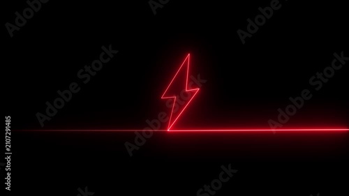 Abstract orange neon glowing battery charging icon Lightning Bolt Icon Continuous Line Energy Symbol, Electric Power Supply Concept, Charging Tech Graphic Black Background..