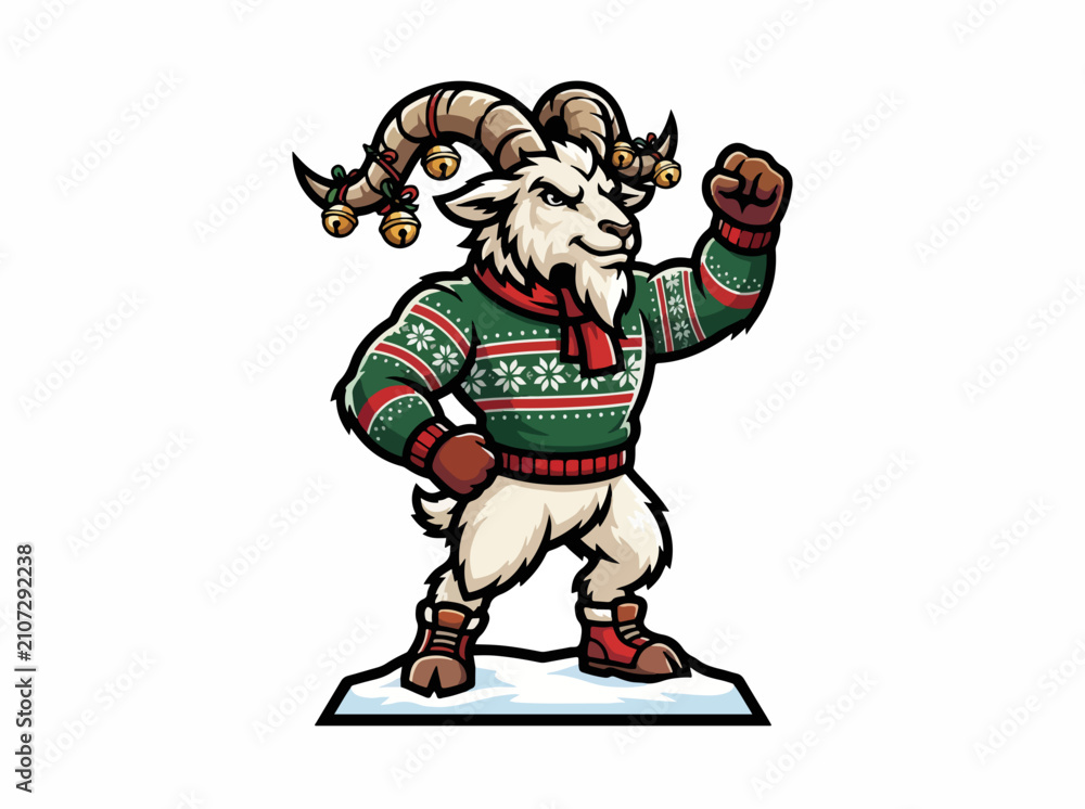Obraz premium Heroic muscular winter goat mascot in a Christmas sweater. Strong holiday character standing on snow. Vector illustration for 2027 lunar zodiac