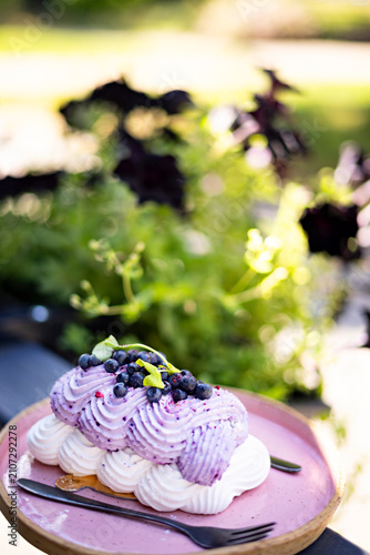 Elegant blueberry dessert featuring whipped cream, blueberry mousse and fresh blueberries on a pink ceramic plate in an outdoor café with natural bokeh background.