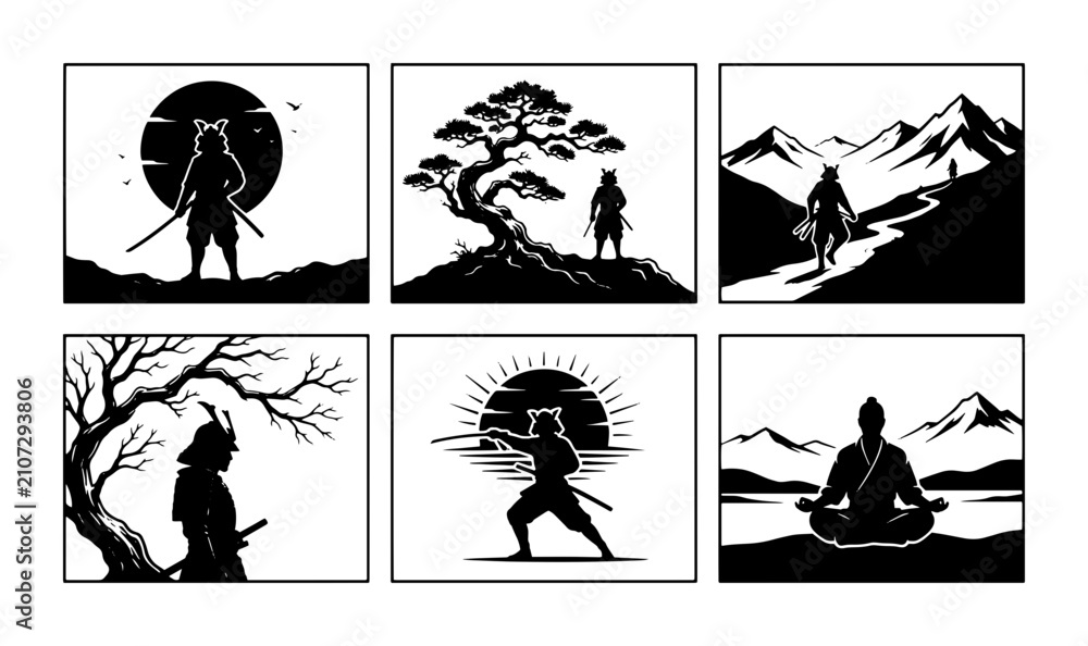 Obraz premium 70 Samurai Warrior Silhouettes, Japanese Bushido Art, Zen Meditation Scenes, Mountain Landscapes, Vector Icons Set 100