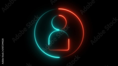 Glowing neon person sign, outline round cyan and orenge avatar pictogram in vivid color. of user in flat style, Concept, and Futuristic Cyberpunk Human motion graphics design.