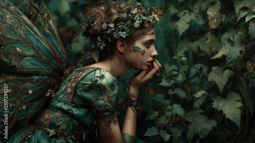 Fantasy wallpaper. A detailed digital artwork depicts a fairylike figure in a serene forest. The fairy wears intricate green and gold wings with intricate patterns and designs.