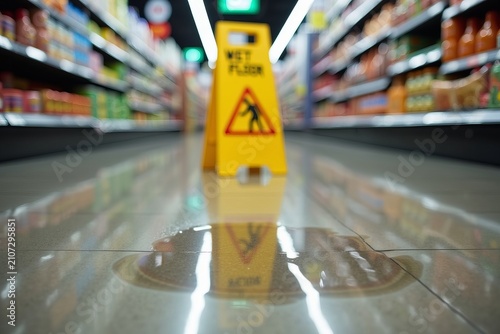 Depict a Grocery Store Aisle with a Recent Spill: Highlighting Reflections on Shiny Tiles