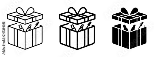 Gift Box Icons, Surprise Present Vector Set, Open Box with Ribbon and Bow