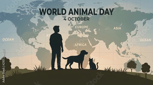 World animal day celebration with silhouettes of a man dog and cat over a world map background