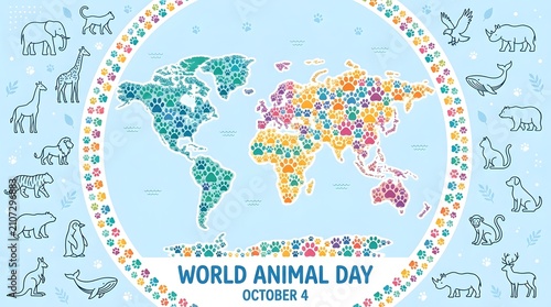World Animal Day illustration with global map and diverse wildlife vector graphics