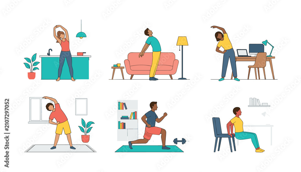 Fototapeta premium Vector illustration set of diverse people doing workout, stretching, and fitness exercises at home isolated on white background. (18 words)