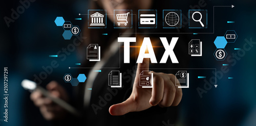 Quadro su tela Business finance graphics with tax icons, calculator symbols, and digital elements in a modern workspace showing financial management and planning solutions Fluxor
