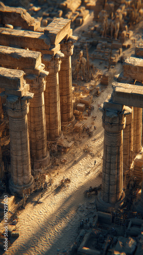 Lost civilization. Fantasy. A detailed aerial view of an ancient temple complex, likely from the Neolithic period. The temple consists of tall.