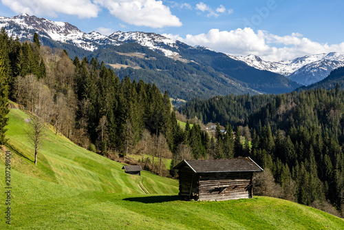 original timbered buildings on a pasture in a meadow in the Tyrolean Windautal valley, in the background snowy alpine peaks and a blue sky with white clouds
