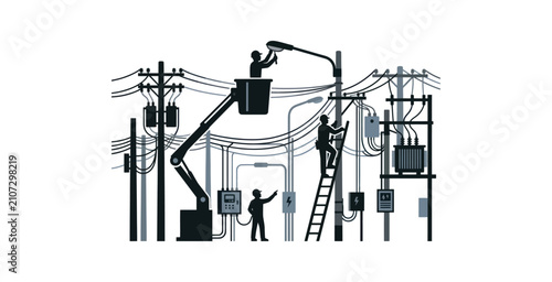 Electricians Working on Power Lines Vector Illustration