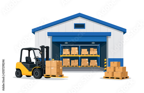 Warehouse building with forklift and packages as logistics storage icon, warehouse, forklift, packages, logistics, storage,